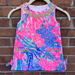 Lilly Pulitzer Multicolor Floral Shift Dress Girls Size 2 Gold Trim